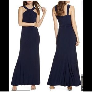 ELIZA J Shirred Halter Formal Gown